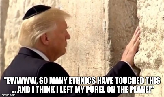 Trump at Wall thinking of Purel | "EWWWW, SO MANY ETHNICS HAVE TOUCHED THIS ... AND I THINK I LEFT MY PUREL ON THE PLANE!" | image tagged in trump | made w/ Imgflip meme maker