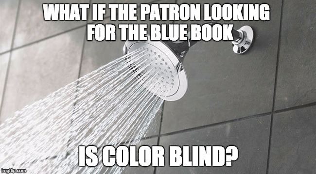 Shower Thoughts | WHAT IF THE PATRON LOOKING
 FOR THE BLUE BOOK; IS COLOR BLIND? | image tagged in shower thoughts | made w/ Imgflip meme maker