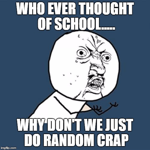 Y U No Meme | WHO EVER THOUGHT OF SCHOOL..... WHY DON'T WE JUST DO RANDOM CRAP | image tagged in memes,y u no | made w/ Imgflip meme maker
