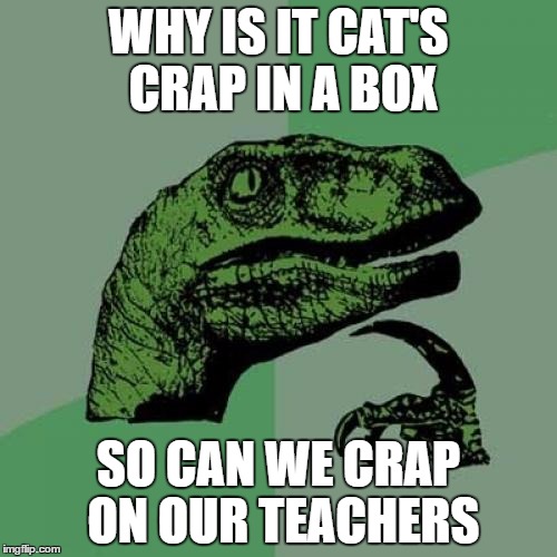 Philosoraptor | WHY IS IT CAT'S CRAP IN A BOX; SO CAN WE CRAP ON OUR TEACHERS | image tagged in memes,philosoraptor | made w/ Imgflip meme maker