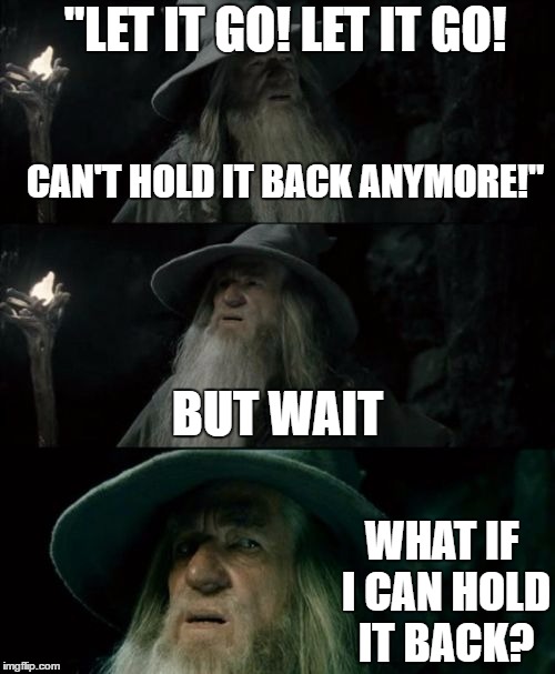 Confused Gandalf | "LET IT GO! LET IT GO! CAN'T HOLD IT BACK ANYMORE!"; BUT WAIT; WHAT IF I CAN HOLD IT BACK? | image tagged in memes,confused gandalf | made w/ Imgflip meme maker