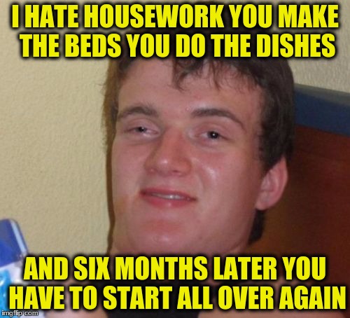 10 Guy Meme | I HATE HOUSEWORK YOU MAKE THE BEDS YOU DO THE DISHES; AND SIX MONTHS LATER YOU HAVE TO START ALL OVER AGAIN | image tagged in memes,10 guy | made w/ Imgflip meme maker