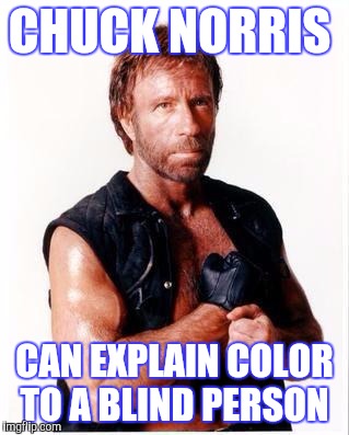 Chuck Norris Flex Meme | CHUCK NORRIS; CAN EXPLAIN COLOR TO A BLIND PERSON | image tagged in memes,chuck norris flex,chuck norris | made w/ Imgflip meme maker