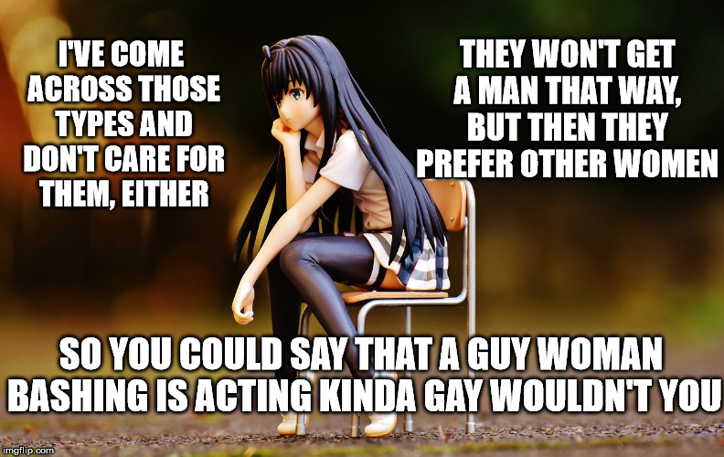 I'VE COME ACROSS THOSE TYPES AND DON'T CARE FOR THEM, EITHER SO YOU COULD SAY THAT A GUY WOMAN BASHING IS ACTING KINDA GAY WOULDN'T YOU THEY | made w/ Imgflip meme maker