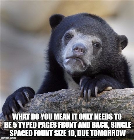 Confession Bear | WHAT DO YOU MEAN IT ONLY NEEDS TO BE 5 TYPED PAGES FRONT AND BACK, SINGLE SPACED FOUNT SIZE 10, DUE TOMORROW | image tagged in memes,confession bear | made w/ Imgflip meme maker