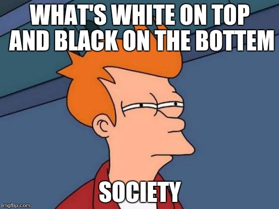 Futurama Fry Meme | WHAT'S WHITE ON TOP AND BLACK ON THE BOTTEM; SOCIETY | image tagged in memes,futurama fry | made w/ Imgflip meme maker