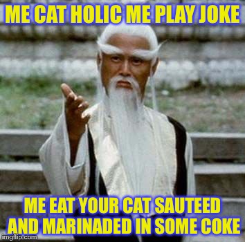 ME CAT HOLIC ME PLAY JOKE ME EAT YOUR CAT SAUTEED AND MARINADED IN SOME COKE | made w/ Imgflip meme maker