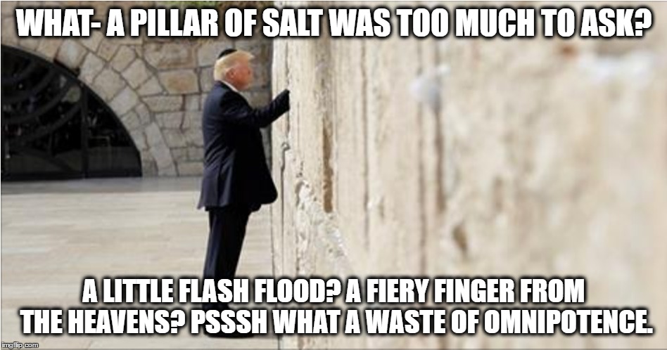 Lost Opportunity Big Guy |  WHAT- A PILLAR OF SALT WAS TOO MUCH TO ASK? A LITTLE FLASH FLOOD? A FIERY FINGER FROM THE HEAVENS? PSSSH WHAT A WASTE OF OMNIPOTENCE. | image tagged in trump in israel,donald trump,israel,western wall,god | made w/ Imgflip meme maker