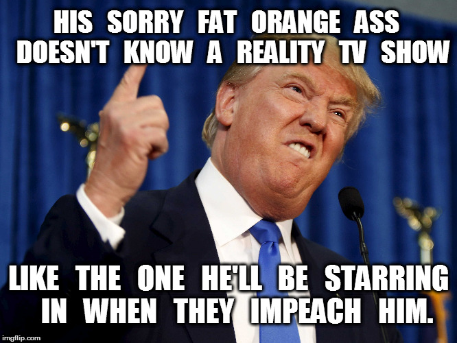 Trump Reality TV Impeachment | HIS   SORRY   FAT   ORANGE   ASS   DOESN'T   KNOW   A   REALITY   TV   SHOW; LIKE   THE   ONE   HE'LL   BE   STARRING   IN   WHEN   THEY   IMPEACH   HIM. | image tagged in trump,impeachment | made w/ Imgflip meme maker