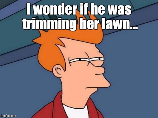 Futurama Fry Meme | I wonder if he was trimming her lawn... | image tagged in memes,futurama fry | made w/ Imgflip meme maker