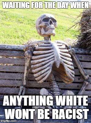 Waiting Skeleton | WAITING FOR THE DAY WHEN; ANYTHING WHITE WONT BE RACIST | image tagged in memes,waiting skeleton | made w/ Imgflip meme maker