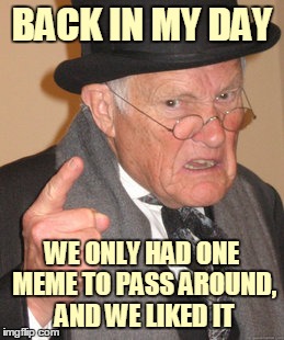 Back In My Day Meme | BACK IN MY DAY WE ONLY HAD ONE MEME TO PASS AROUND, AND WE LIKED IT | image tagged in memes,back in my day | made w/ Imgflip meme maker