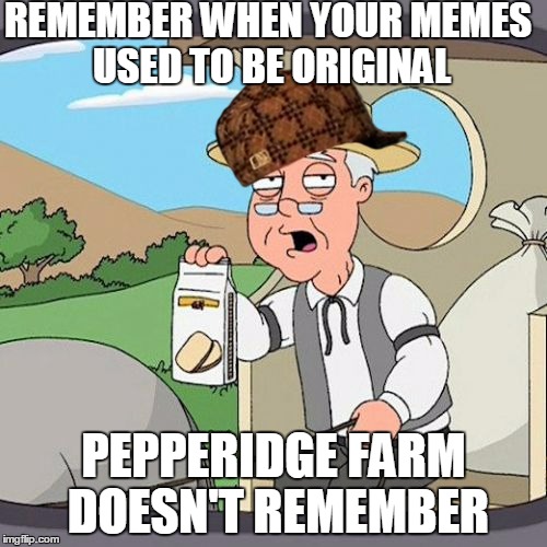 Pepperidge Farm Remembers Meme | REMEMBER WHEN YOUR MEMES USED TO BE ORIGINAL; PEPPERIDGE FARM DOESN'T REMEMBER | image tagged in memes,pepperidge farm remembers,scumbag | made w/ Imgflip meme maker