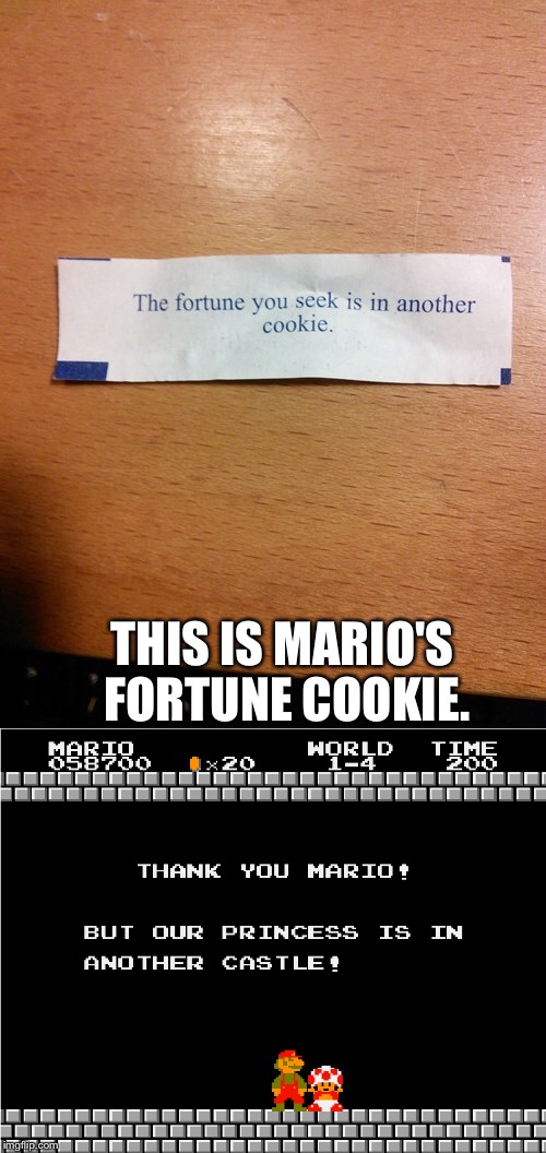 THIS IS MARIO'S FORTUNE COOKIE. | image tagged in super mario | made w/ Imgflip meme maker
