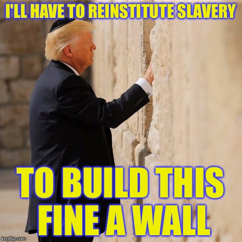 trump wall | I'LL HAVE TO REINSTITUTE SLAVERY; TO BUILD THIS FINE A WALL | image tagged in trump wall,memes,funny | made w/ Imgflip meme maker