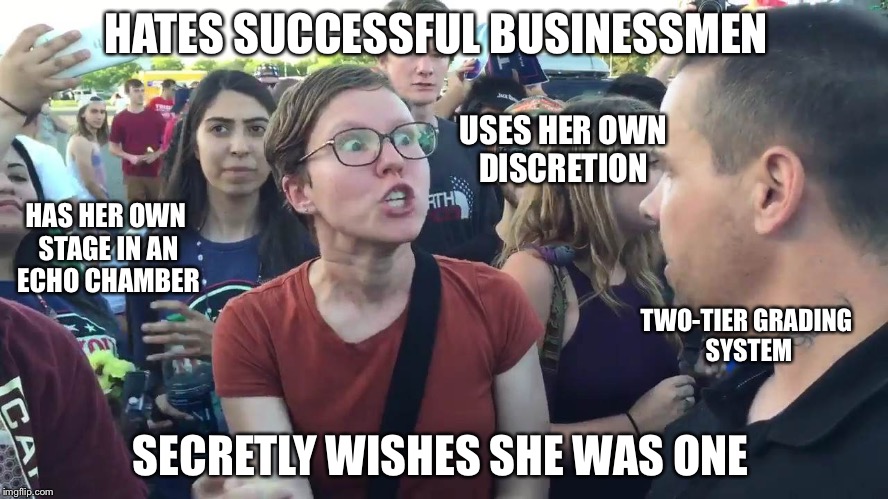 SJW Shit Eaters | HATES SUCCESSFUL BUSINESSMEN; USES HER OWN DISCRETION; HAS HER OWN STAGE IN AN ECHO CHAMBER; TWO-TIER GRADING SYSTEM; SECRETLY WISHES SHE WAS ONE | image tagged in sjw lightbulb,bullshit,grades,cucks,college liberal,hate | made w/ Imgflip meme maker