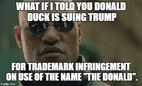 Donald Duck Suing Trump For Trademark Infringement on "The Donald" | WHAT IF I TOLD YOU DONALD DUCK IS SUING TRUMP; FOR TRADEMARK INFRINGEMENT ON USE OF THE NAME "THE DONALD". | image tagged in memes,matrix morpheus,donald duck trump,the donald,trump trademark,lawsuit | made w/ Imgflip meme maker