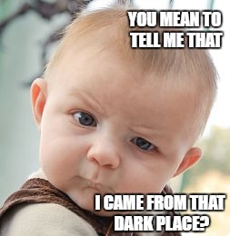 Skeptical Baby Meme | YOU MEAN TO TELL ME THAT; I CAME FROM THAT DARK PLACE? | image tagged in memes,skeptical baby | made w/ Imgflip meme maker
