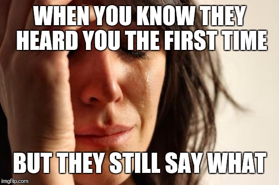 First World Problems | WHEN YOU KNOW THEY HEARD YOU THE FIRST TIME; BUT THEY STILL SAY WHAT | image tagged in memes,first world problems | made w/ Imgflip meme maker