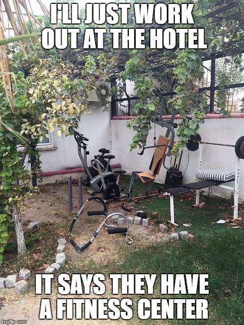 "I'll just work out at the hotel" | I'LL JUST WORK OUT AT THE HOTEL; IT SAYS THEY HAVE A FITNESS CENTER | image tagged in funny | made w/ Imgflip meme maker