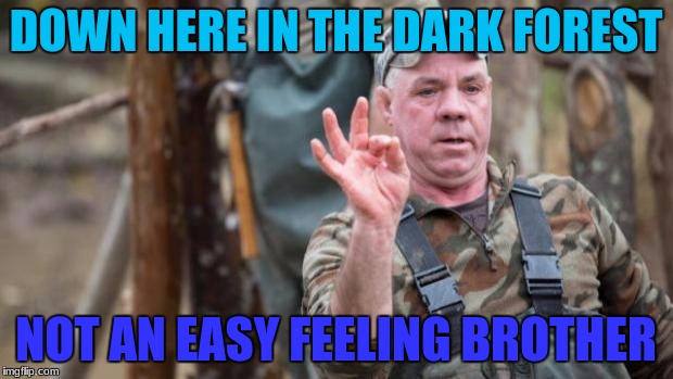 With the AIMS team down in the most evil place of the appalachian mountain ranges, Has me worried for some of them  | DOWN HERE IN THE DARK FOREST; NOT AN EASY FEELING BROTHER | image tagged in wild bill mountain monsters | made w/ Imgflip meme maker