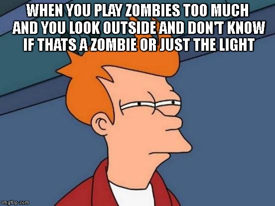 Futurama Fry Meme | WHEN YOU PLAY ZOMBIES TOO MUCH AND YOU LOOK OUTSIDE AND DON'T KNOW IF THATS A ZOMBIE OR JUST THE LIGHT | image tagged in memes,futurama fry | made w/ Imgflip meme maker