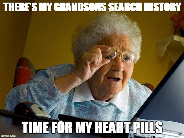 Grandma Finds The Internet | THERE'S MY GRANDSONS SEARCH HISTORY; TIME FOR MY HEART PILLS | image tagged in memes,grandma finds the internet | made w/ Imgflip meme maker