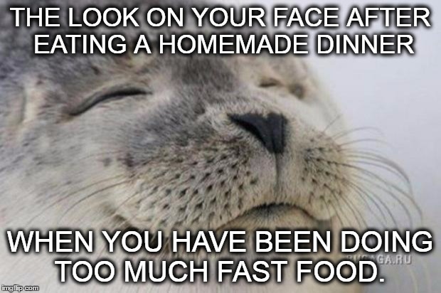 Happy Seal | THE LOOK ON YOUR FACE AFTER EATING A HOMEMADE DINNER; WHEN YOU HAVE BEEN DOING TOO MUCH FAST FOOD. | image tagged in happy seal | made w/ Imgflip meme maker