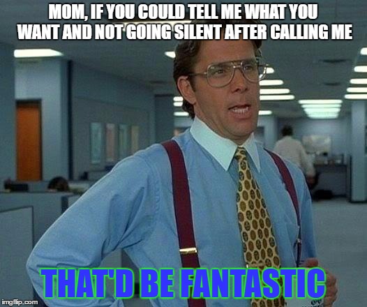 That Would Be Great Meme | MOM, IF YOU COULD TELL ME WHAT YOU WANT AND NOT GOING SILENT AFTER CALLING ME; THAT'D BE FANTASTIC | image tagged in memes,that would be great | made w/ Imgflip meme maker