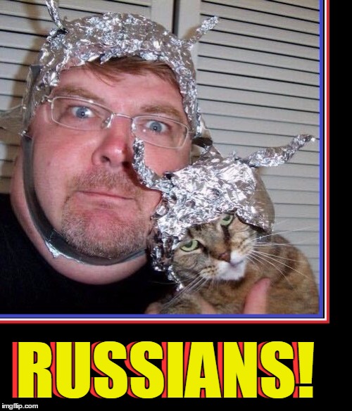 Lead Democrat Operatives | RUSSIANS! RUSSIANS! | image tagged in vince vance,russians,guy and cat in tin foil hats,conspiracy theory,it's a conspiracy,there coming to get you | made w/ Imgflip meme maker