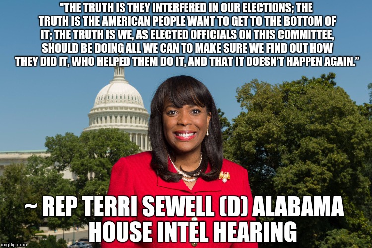 Sewell: The Truth Is...
House Intel Hearing, May 23 2017 | "THE TRUTH IS THEY INTERFERED IN OUR ELECTIONS; THE TRUTH IS THE AMERICAN PEOPLE WANT TO GET TO THE BOTTOM OF IT; THE TRUTH IS WE, AS ELECTED OFFICIALS ON THIS COMMITTEE, SHOULD BE DOING ALL WE CAN TO MAKE SURE WE FIND OUT HOW THEY DID IT, WHO HELPED THEM DO IT, AND THAT IT DOESN’T HAPPEN AGAIN.”; ~ REP TERRI SEWELL (D) ALABAMA
   HOUSE INTEL HEARING | image tagged in rep terri sewell,house intel hearing,russia,donald trump,investigation,2016 election | made w/ Imgflip meme maker