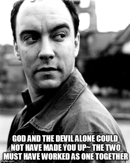 DMB Shake Me Like A Monkey | GOD AND THE DEVIL ALONE COULD NOT HAVE MADE YOU UP~ THE TWO MUST HAVE WORKED AS ONE TOGETHER | image tagged in dave matthews,dave matthews band,dmb,shake me like a monkey,god and the devil alone could not have made you up,god and the devil | made w/ Imgflip meme maker