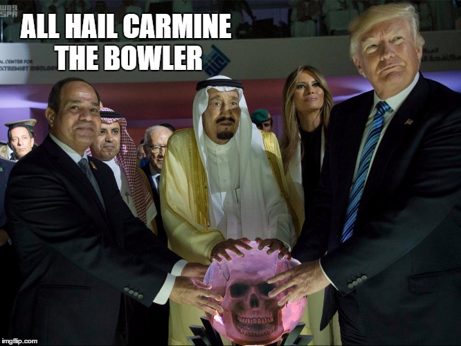 All Hail Carmine the Bowler | ALL HAIL CARMINE THE BOWLER | image tagged in mystery men,the bowler,trump,weird stuff | made w/ Imgflip meme maker