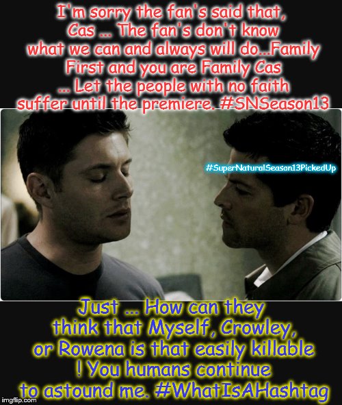 Supernatural | I'm sorry the fan's said that, Cas ... The fan's don't know what we can and always will do...Family First and you are Family Cas ... Let the people with no faith suffer until the premiere. #SNSeason13; #SuperNaturalSeason13PickedUp; Just ... How can they think that Myself, Crowley, or Rowena is that easily killable ! You humans continue to astound me. #WhatIsAHashtag | image tagged in supernatural | made w/ Imgflip meme maker