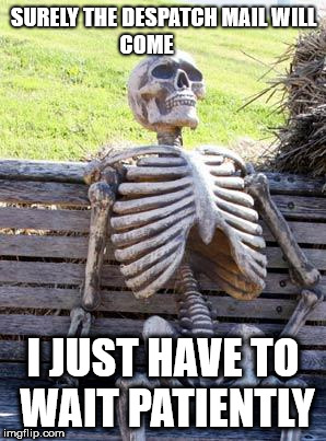 Waiting Skeleton Meme | SURELY THE DESPATCH MAIL WILL              COME; I JUST HAVE TO WAIT PATIENTLY | image tagged in memes,waiting skeleton | made w/ Imgflip meme maker