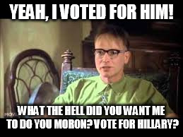 Stork voted for Trump | YEAH, I VOTED FOR HIM! WHAT THE HELL DID YOU WANT ME TO DO YOU MORON? VOTE FOR HILLARY? | image tagged in stork,trump | made w/ Imgflip meme maker