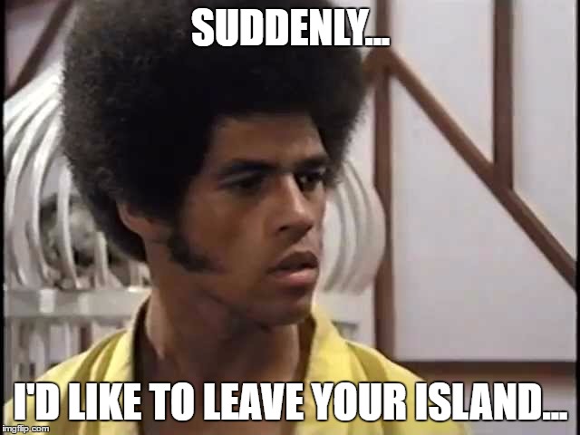suddenly i'd like to leave your island | SUDDENLY... I'D LIKE TO LEAVE YOUR ISLAND... | image tagged in jim kelly,suddenly i'd like to leave your island,oh hell no | made w/ Imgflip meme maker