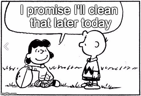 Charlie Brown football | I promise I'll clean that later today | image tagged in charlie brown football | made w/ Imgflip meme maker