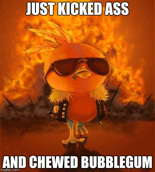 Chick Be Kicking | JUST KICKED ASS; AND CHEWED BUBBLEGUM | image tagged in chick be kicking | made w/ Imgflip meme maker