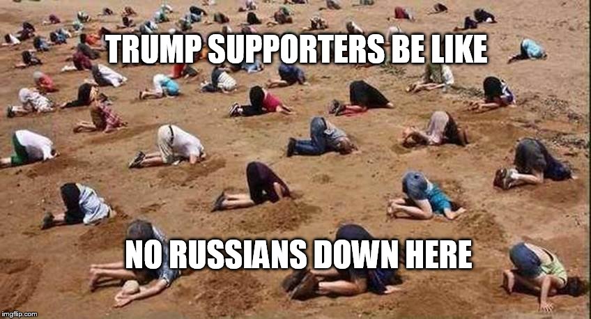 the president will be by with the lube any minute | TRUMP SUPPORTERS BE LIKE; NO RUSSIANS DOWN HERE | image tagged in trump supporters | made w/ Imgflip meme maker