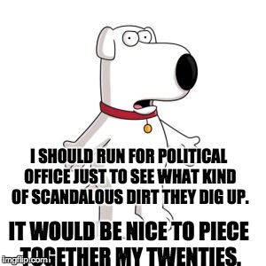 Family Guy Brian Meme | I SHOULD RUN FOR POLITICAL OFFICE JUST TO SEE WHAT KIND OF SCANDALOUS DIRT THEY DIG UP. IT WOULD BE NICE TO PIECE TOGETHER MY TWENTIES. | image tagged in memes,family guy brian | made w/ Imgflip meme maker