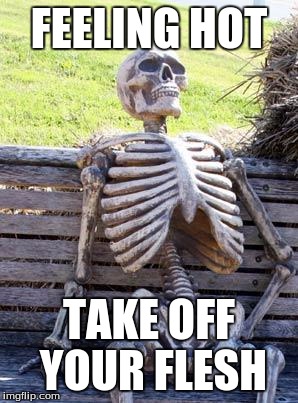 Waiting Skeleton Meme | FEELING HOT; TAKE OFF YOUR FLESH | image tagged in memes,waiting skeleton | made w/ Imgflip meme maker