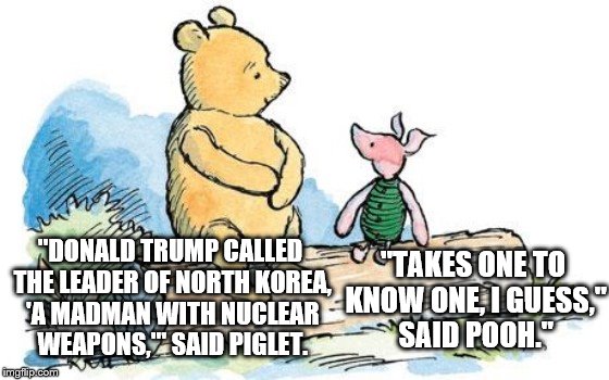 winnie the pooh and piglet | "TAKES ONE TO KNOW ONE, I GUESS," SAID POOH."; "DONALD TRUMP CALLED THE LEADER OF NORTH KOREA, 'A MADMAN WITH NUCLEAR WEAPONS,'" SAID PIGLET. | image tagged in winnie the pooh and piglet | made w/ Imgflip meme maker