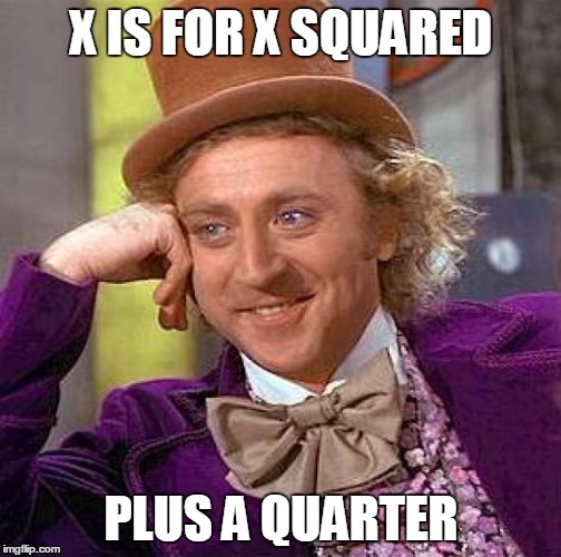 Creepy Condescending Wonka Meme | X IS FOR X SQUARED PLUS A QUARTER | image tagged in memes,creepy condescending wonka | made w/ Imgflip meme maker