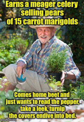 A Day in the Life of a Gardener | Earns a meager celery selling pears of 15 carrot marigolds; Comes home beet and just wants to read the pepper, take a leek, turnip the covers endive into bed. | image tagged in herb in the garden,gardening,memes | made w/ Imgflip meme maker