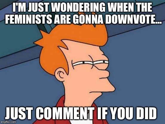 Futurama Fry Meme | I'M JUST WONDERING WHEN THE FEMINISTS ARE GONNA DOWNVOTE... JUST COMMENT IF YOU DID | image tagged in memes,futurama fry | made w/ Imgflip meme maker