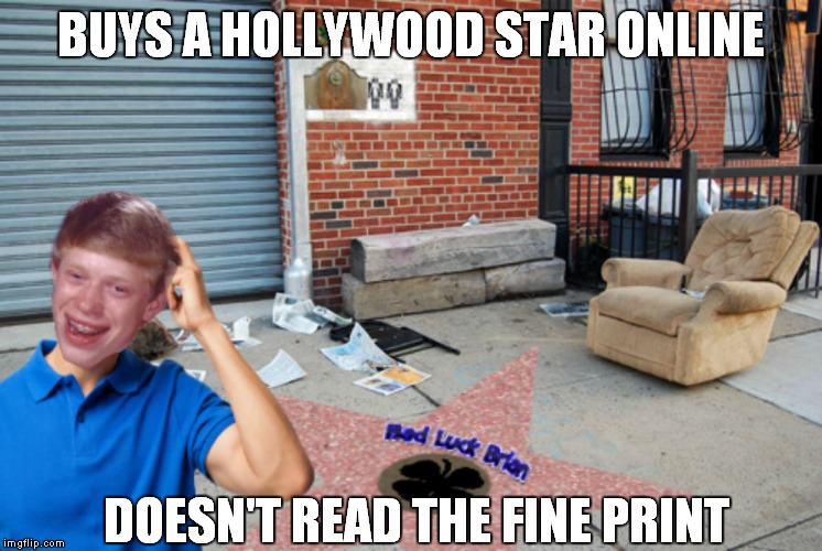 You never know what you will get when you buy something online... | BUYS A HOLLYWOOD STAR ONLINE; DOESN'T READ THE FINE PRINT | image tagged in bad luck brian,scumbag hollywood | made w/ Imgflip meme maker