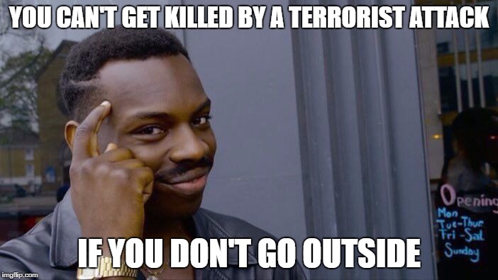 Roll Safe Think About It Meme | YOU CAN'T GET KILLED BY A TERRORIST ATTACK; IF YOU DON'T GO OUTSIDE | image tagged in roll safe think about it | made w/ Imgflip meme maker