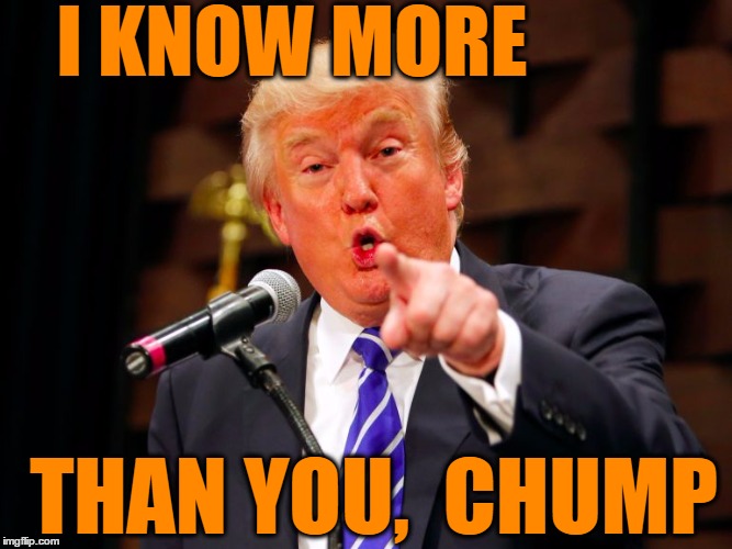 trump point | I KNOW MORE THAN YOU,  CHUMP | image tagged in trump point | made w/ Imgflip meme maker