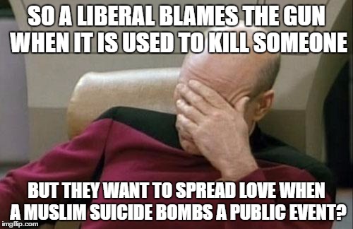 Captain Picard Facepalm Meme | SO A LIBERAL BLAMES THE GUN WHEN IT IS USED TO KILL SOMEONE; BUT THEY WANT TO SPREAD LOVE WHEN A MUSLIM SUICIDE BOMBS A PUBLIC EVENT? | image tagged in memes,captain picard facepalm | made w/ Imgflip meme maker